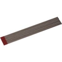 Pack of 10 Draper Thoriated Tungsten Electrodes, 2.4 x 150mm, silver rods with red tips, aligned in a row.
