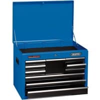 Blue Draper tool chest with 10 drawers, black handles, and a hinged top lid.
