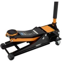 Orange and black Draper trolley jack, 2.25 tonne capacity, with a long handle and swivel casters.