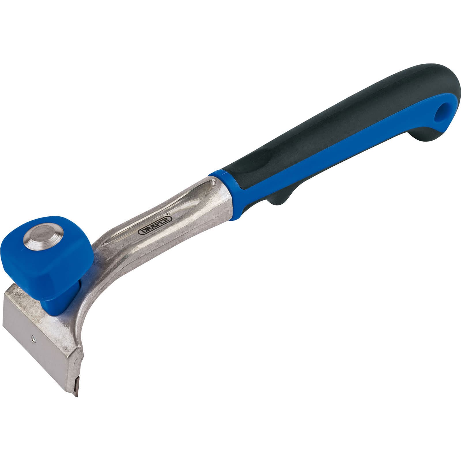 Draper 17156 Tungsten Carbide Pull Scraper features a silver metal blade, blue rubberized handle, and a circular blue end for comfortable grip, designed for efficient scraping.