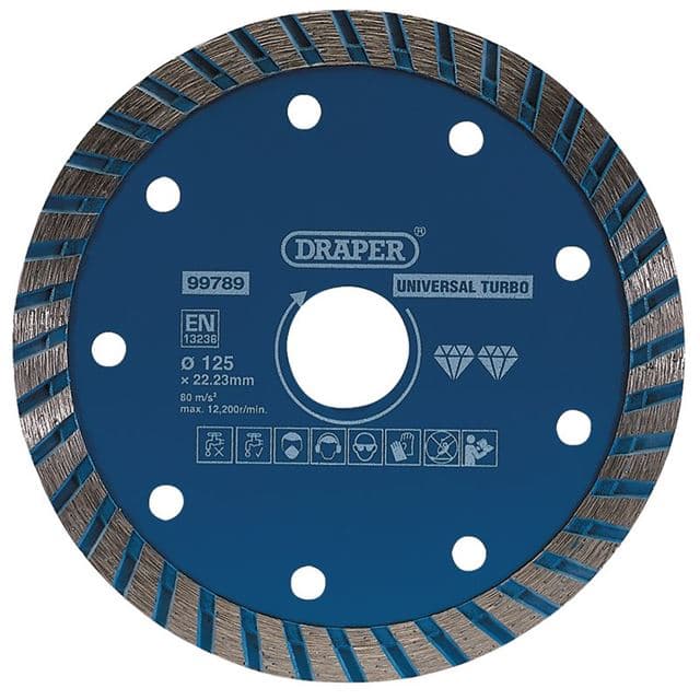 Circular diamond blade with a blue surface, featuring a central hole, multiple ventilation holes, and a turbo rim for enhanced cutting performance, labeled with product details and specifications.