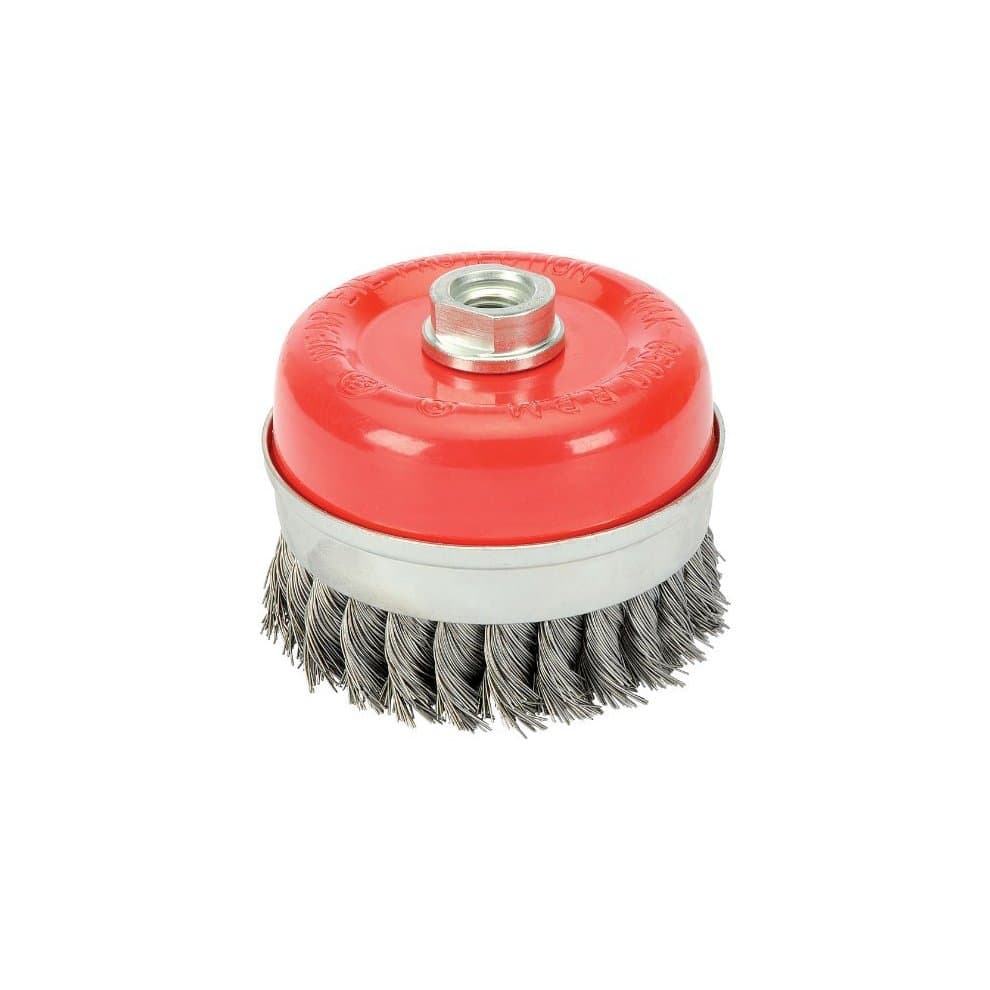 Red and silver 80mm x M14 twist knot wire cup brush with a metal base and dense steel bristles, designed for heavy-duty cleaning and surface preparation.