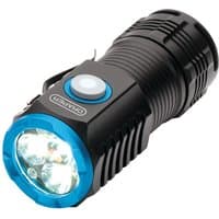 Black Draper USB rechargeable LED pocket torch with blue bezel, ribbed grip, and side power button.