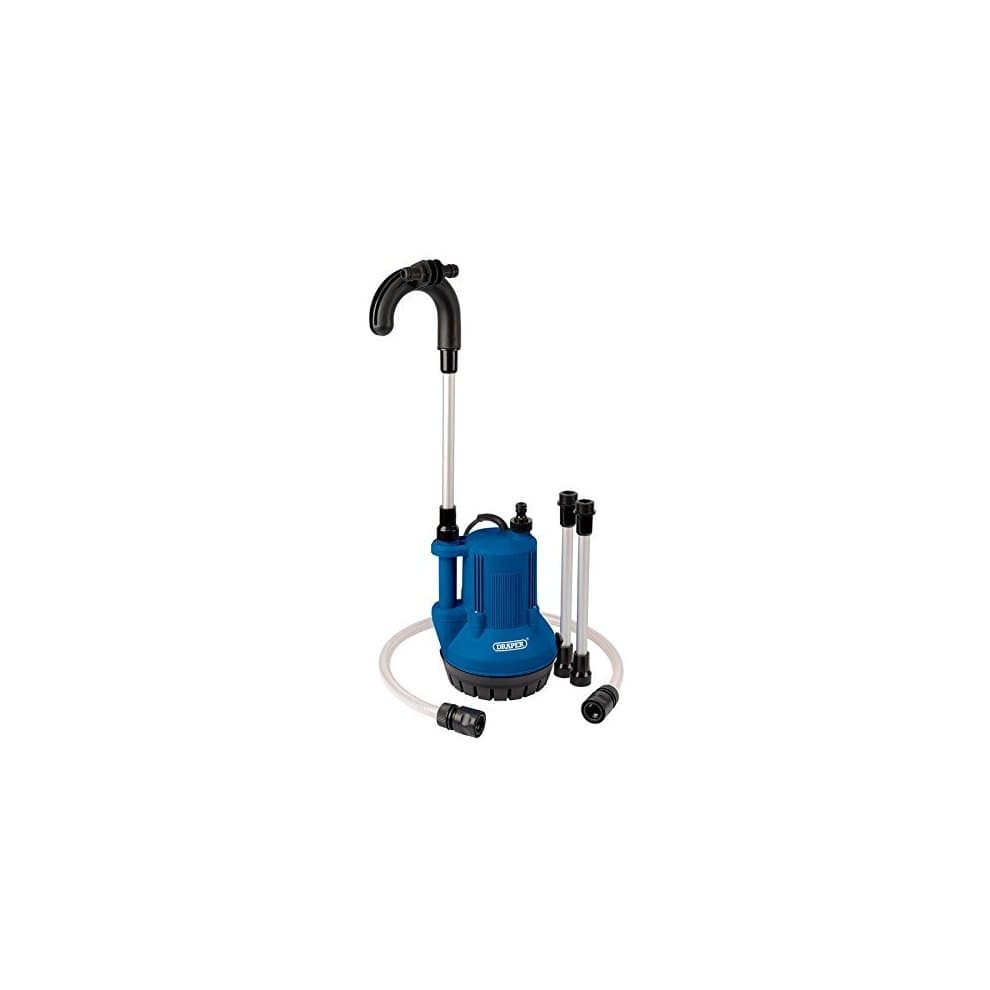 Blue submersible water butt pump with a float switch, featuring a sturdy plastic body, adjustable outlet pipe, and additional connectors for versatile use.