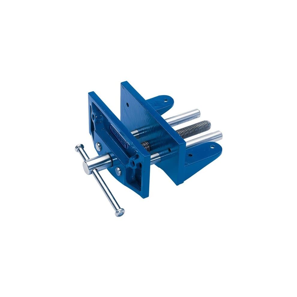 Draper 45233 woodworking vice in blue metal, featuring a sturdy design with a threaded screw mechanism and two mounting brackets for secure attachment.