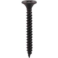 Black fine thread drywall screw with Phillips head and sharp point.
