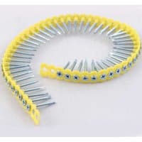 Curved strip of Timco self-drilling drywall screws with yellow collated band and silver sharp-pointed screws.