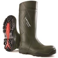 Green Dunlop Purofort Plus safety boots with textured soles, reinforced toe, and side logo, size UK 4.