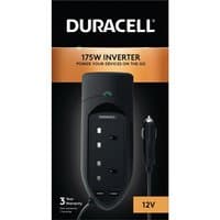 Black Duracell 175W inverter with twin UK sockets, car charger plug, and orange packaging.