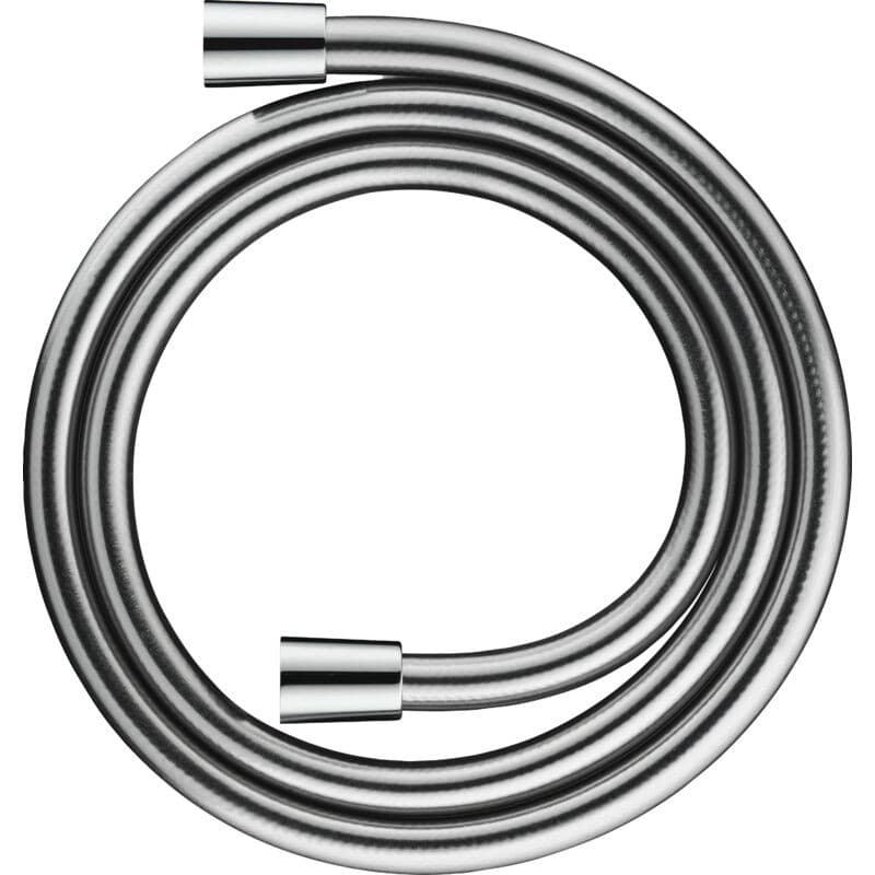 Flexible chrome shower hose, 1.25 meters long, featuring anti-twist protection with a sleek, shiny finish and durable material.