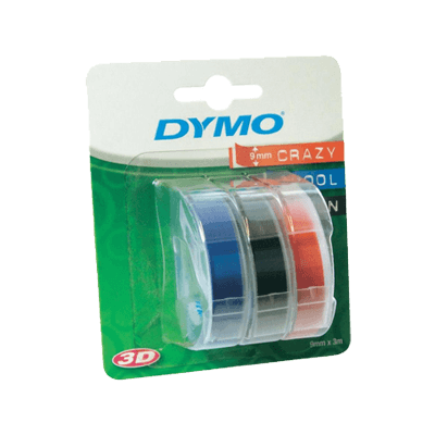 Set of three DYMO S0847750 embossing tape rolls in blue, black, and red, each measuring 9mm x 3m, packaged in a clear plastic container with a green background.