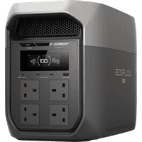EcoFlow DELTA 3 Max Series, gray portable power station with LCD display, four AC outlets, and USB ports.