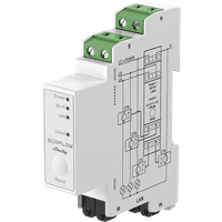 EcoFlow Shelly Pro 3EM smart meter, white with green terminals, labeled ports, and circuit diagram on the front.