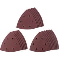Set of 20 red triangular delta sanding sheets with six holes each, designed for precision sanding tasks.