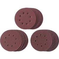 Red-brown Einhell 25 piece disc sanding sheet set, 125mm, with holes for dust extraction, arranged in three stacks.