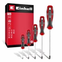 Einhell 5 Piece Phillips Screwdriver Set with red and black ergonomic handles, displayed with branded packaging.
