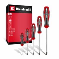 Red and black Einhell 5 Piece Pozi Screwdriver Set with ergonomic handles and chrome-plated shafts.