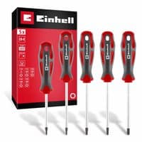Einhell 5 Piece Torx Screwdriver Set with red and black ergonomic handles, displayed alongside branded packaging.