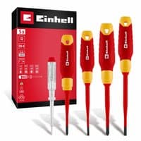 Red and yellow Einhell VDE insulated screwdriver set with four screwdrivers and a tester in a branded box.