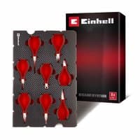 "Einhell 8 piece precision plier set in black foam tray, red handles, fits E Case system, sleek packaging"