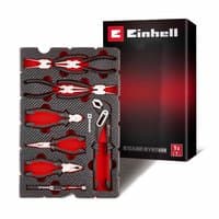 Einhell 9 Piece Plier Set in foam tray, red and black handles, fits E Case, includes various plier types.