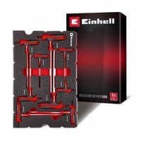 "Red T-handle hex key set in black foam tray, branded Einhell, with nine pieces and E Case packaging"