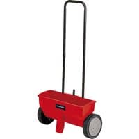 Red Einhell GC-SR 12 spreader with black handle, large gray wheels, and rectangular hopper for grass and salt.