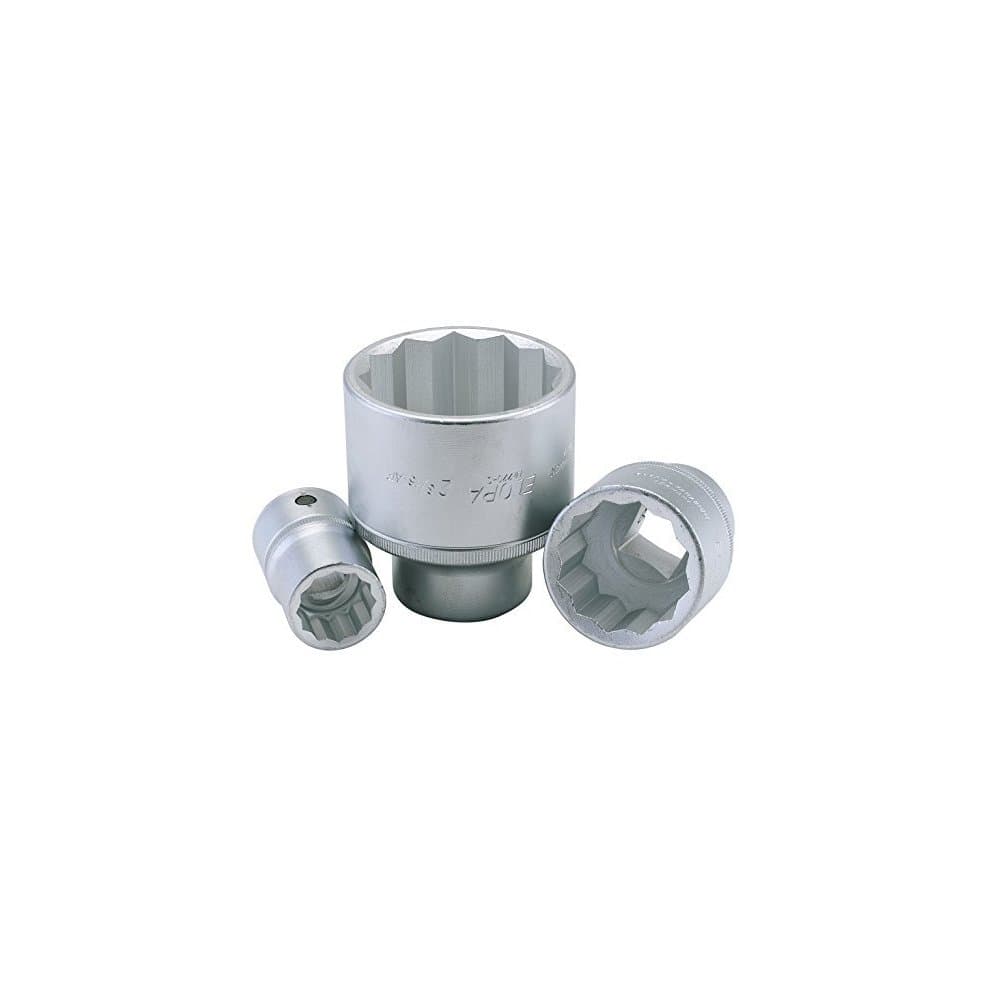 Elora 00674 bi-hexagon socket set in silver metal, featuring three sockets with 2.3/8" and 3/4" square drive sizes, designed for durability and precision.