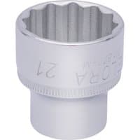 Silver Elora bi-hexagon socket, 3/8" square drive, 21mm, with engraved branding and textured grip.