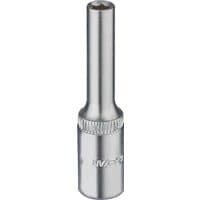 Silver Elora deep socket, 1/4" square drive, 4mm size, with a long cylindrical shape and knurled grip near the base.