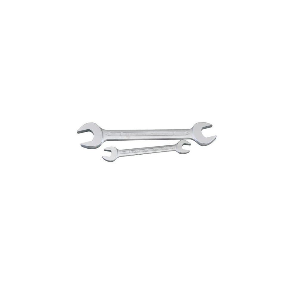Silver metric double open-end spanner set by Elora, featuring three wrenches with a polished finish, marked with size details, and designed for durability and precision.