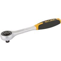 Elora reversible ratchet, 1/2" drive, 200mm, with silver metal body and black soft grip handle with yellow accents.