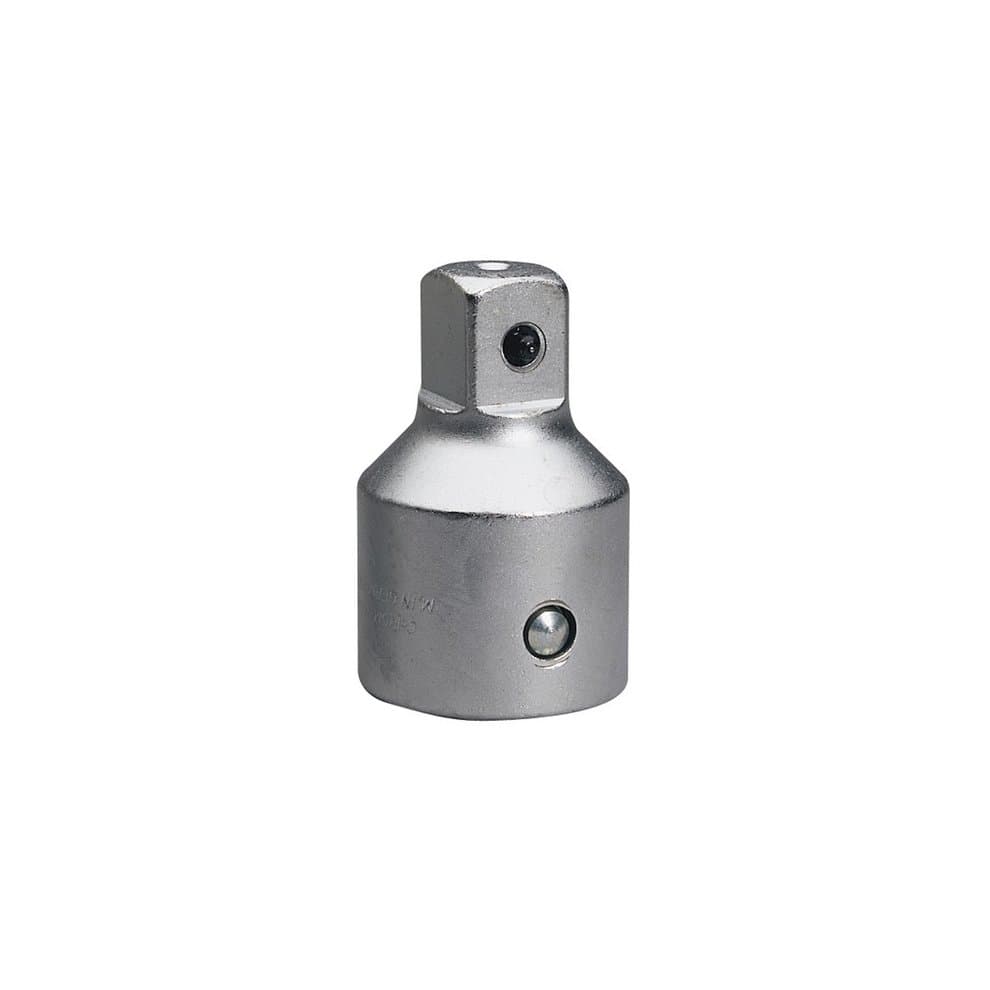 Silver metal socket converter with a 1-inch female end and a 3/4-inch male end, featuring a smooth finish and a small pin for secure attachment.