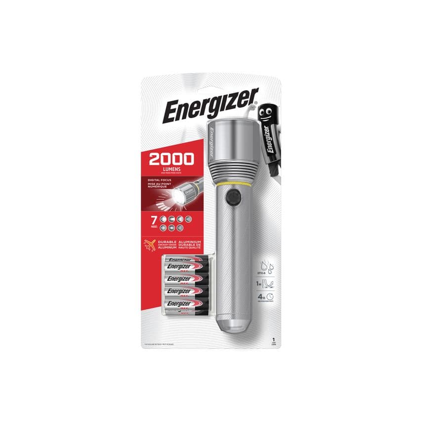 Energizer Metal Case LED Torch featuring a sleek silver design, 2000 lumens brightness, 7 modes, waterproof IPX4 rating, and includes four Energizer batteries.