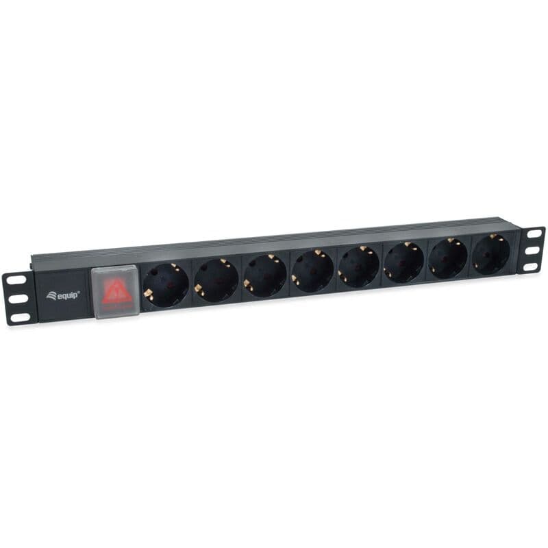 Black 8-outlet power distribution unit with IEC C14 plug, featuring a red power switch and individual sockets for safe power management, designed for rack mounting.