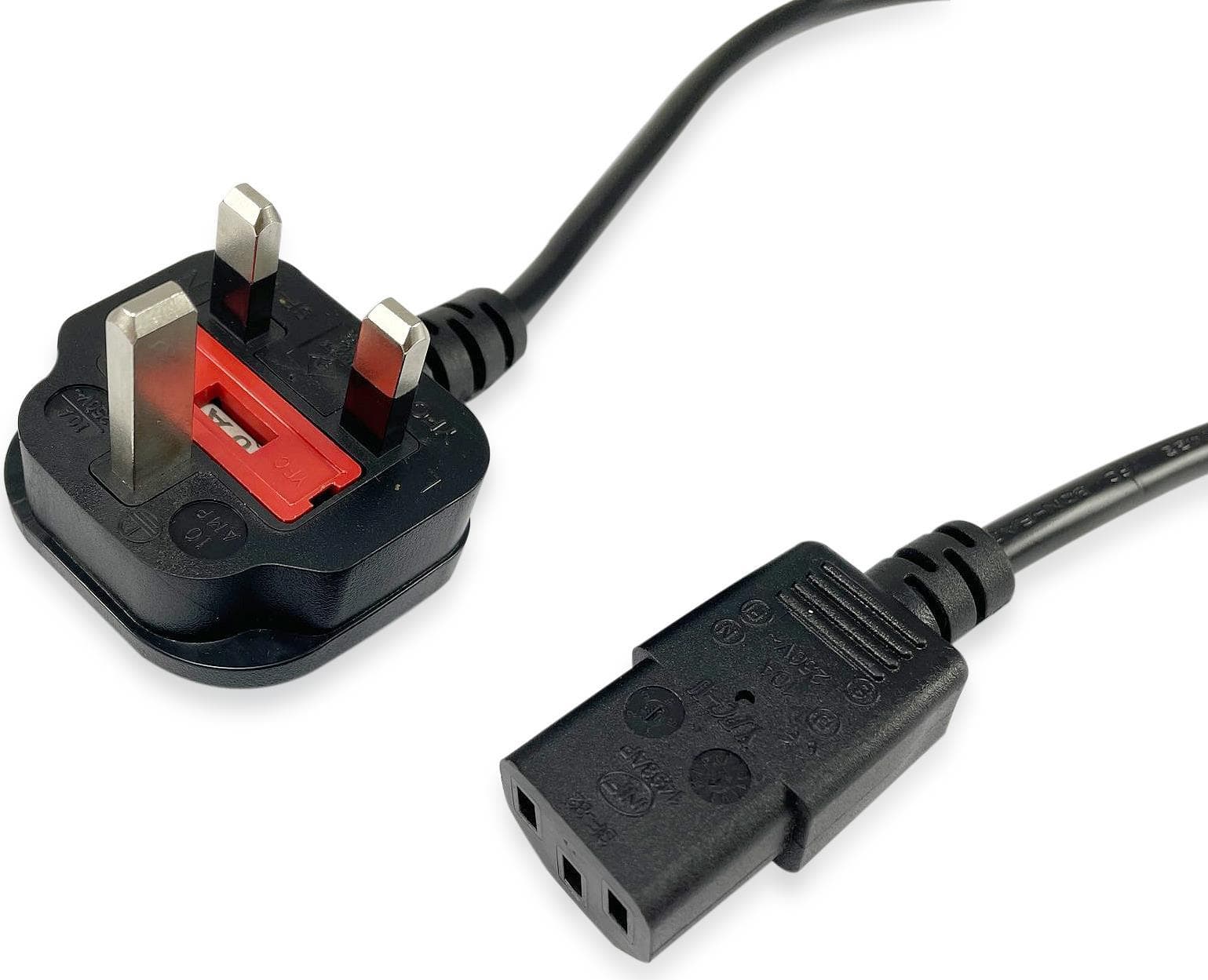 Black UK power cord with a C13 connector on one end and a BS1363 plug on the other, featuring a 10A fuse and measuring 2 meters in length.