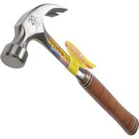 Estwing Curved Claw Hammer with polished steel head and leather grip handle.