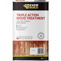 White and red 5L can of EVERBUILD Lumberjack Triple Action Wood Treatment with wood texture design at the bottom.
