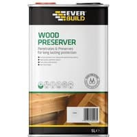 Everbuild Sika Wood Preserver Fir Green 5L, rectangular metal can with green label and wood imagery.