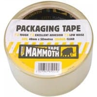 Clear Everbuild Sika packaging tape, 48mm x 50m, with yellow and black label, featuring "Mammoth" branding.
