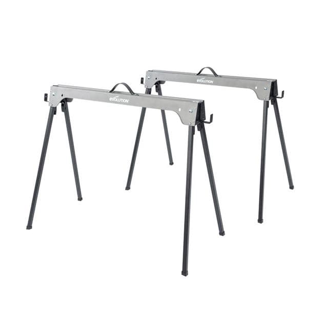 Two folding metal saw horses in a twin-pack, featuring a sturdy grey frame with black legs, designed for stability and easy storage.
