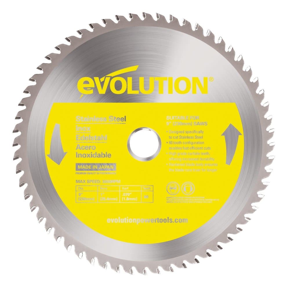 Stainless steel circular saw blade with a silver finish, featuring sharp teeth and a bright yellow label that states "Evolution" and "Stainless Steel," made in Japan.