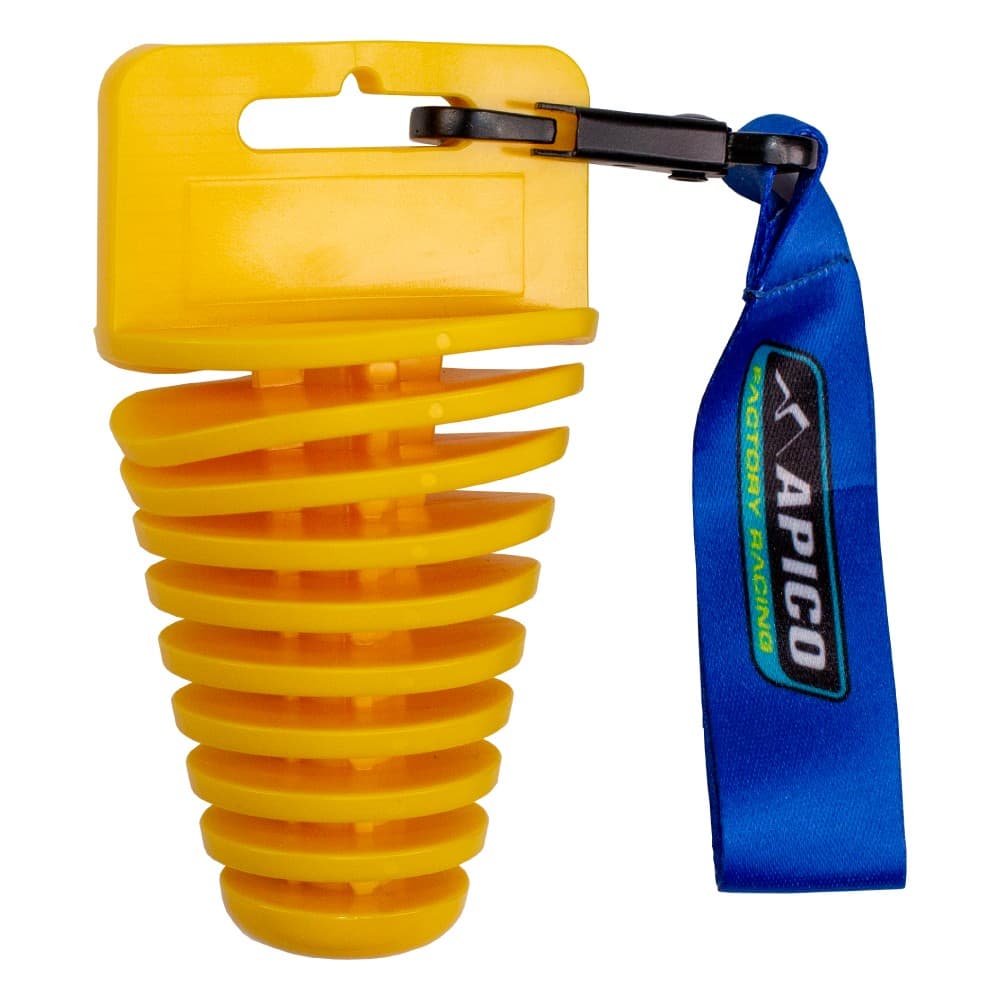 Bright yellow Apico 4 Stroke Exhaust Plug features a ribbed design and is attached to a blue lanyard with a clip for easy handling and storage.