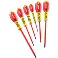Set of 6 red and yellow insulated screwdrivers with ergonomic handles, labeled "Expert by Facom" for 1000V use.