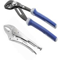 Lock grip plier set with one silver and one blue-handled plier, ergonomic grips, and adjustable jaws.
