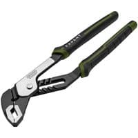 Black and silver water pump pliers with green-accented handles and adjustable jaw, 300mm, by Draper Tools.