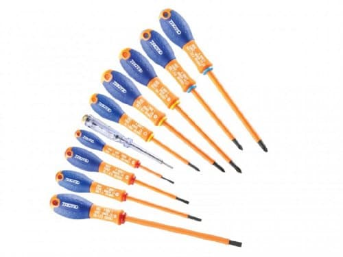 Ten-piece insulated screwdriver set featuring blue and orange handles, with various sizes and types including SL, PH, and PZ tips, designed for safety and efficiency.