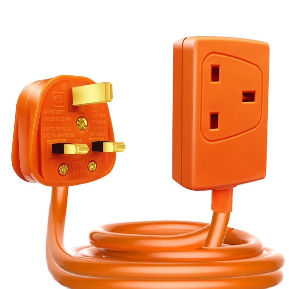 Bright orange 10M extension lead with a 13A plug and unswitched socket, featuring a durable plastic exterior and a flexible cord design.