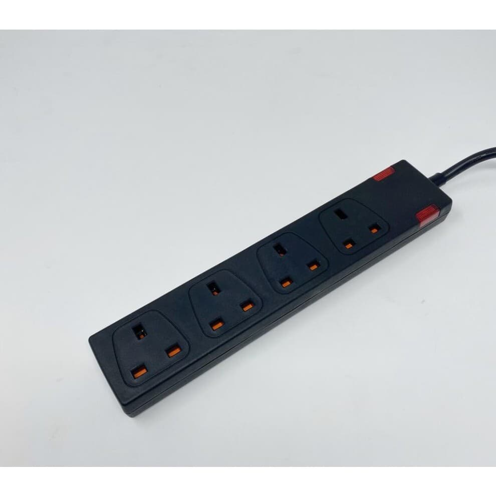 Extrastar 4-way black socket with 13A rating, 2-meter cord, child-resistant sockets, and indicator light for safety and convenience.