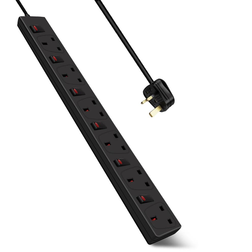 Black 6-gang socket strip with 13A rating, 2-meter cord, individual switches, child-resistant sockets, and indicator light for enhanced safety and functionality.